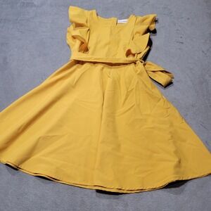 Quedoris Girls Dress 120 Mustard Yellow Ruffle Sleeve Tie Waist Fit Flare